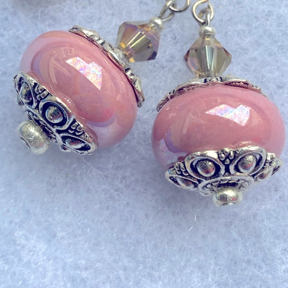 Pink Ceramic Drop Earrings with AB Crystals - Picture 5 of 5